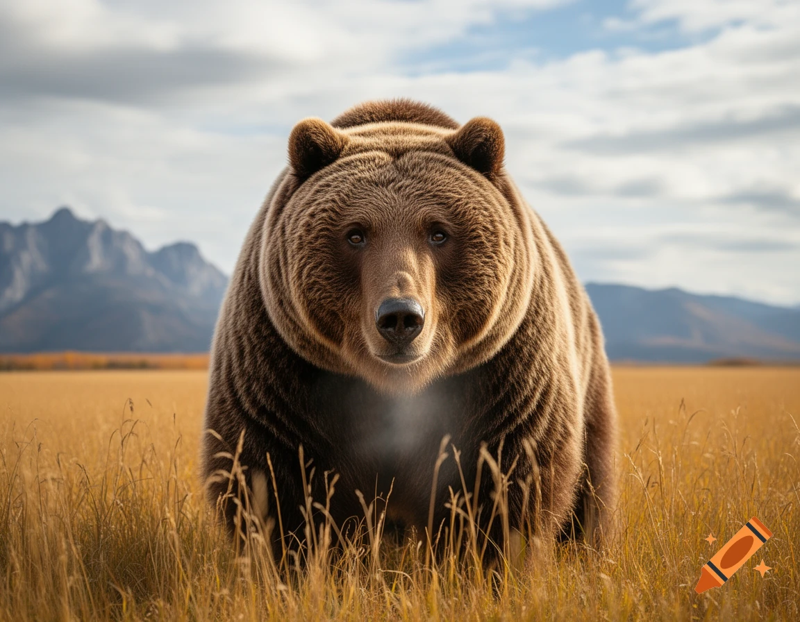 A large, brown grizzly bear stands prominently in a golden grassy field ...