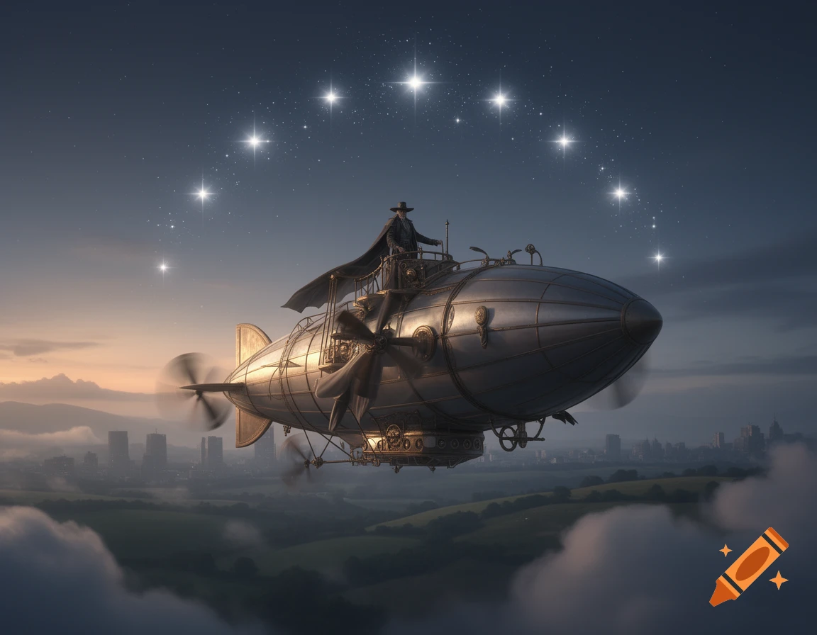 A detailed steampunk airship with a cloaked captain flies above a city and clouds, under a starry night sky.