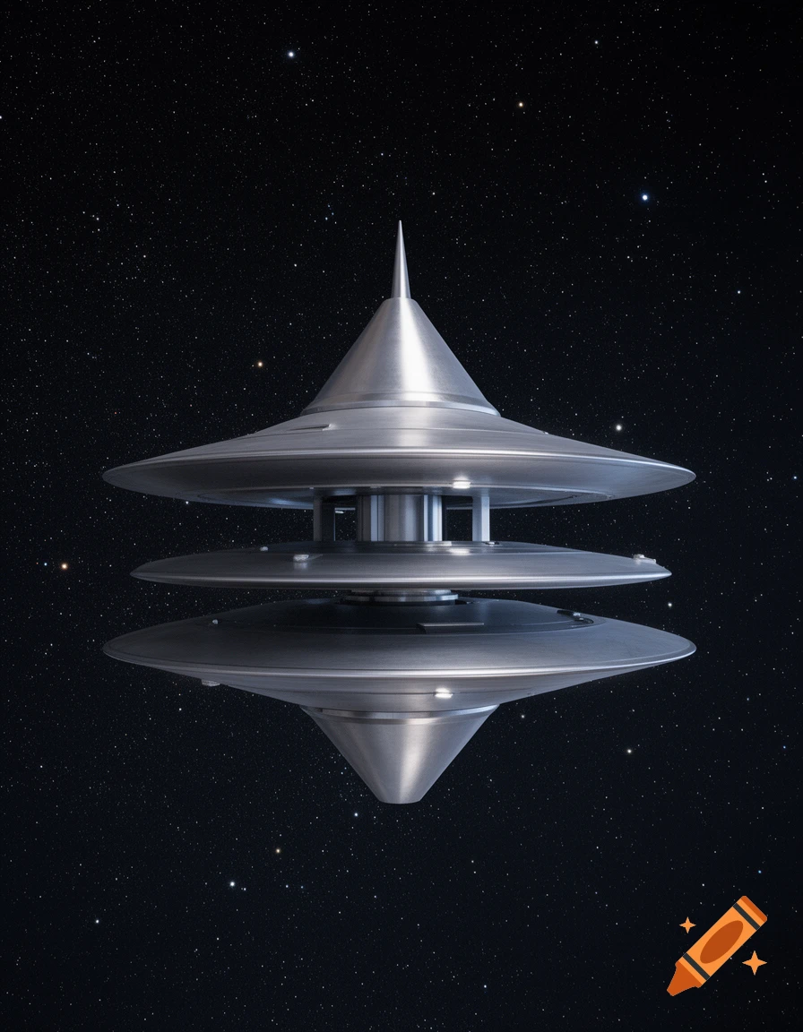 A detailed silver, multi-tiered UFO with a pointed top floats among countless stars in deep space.