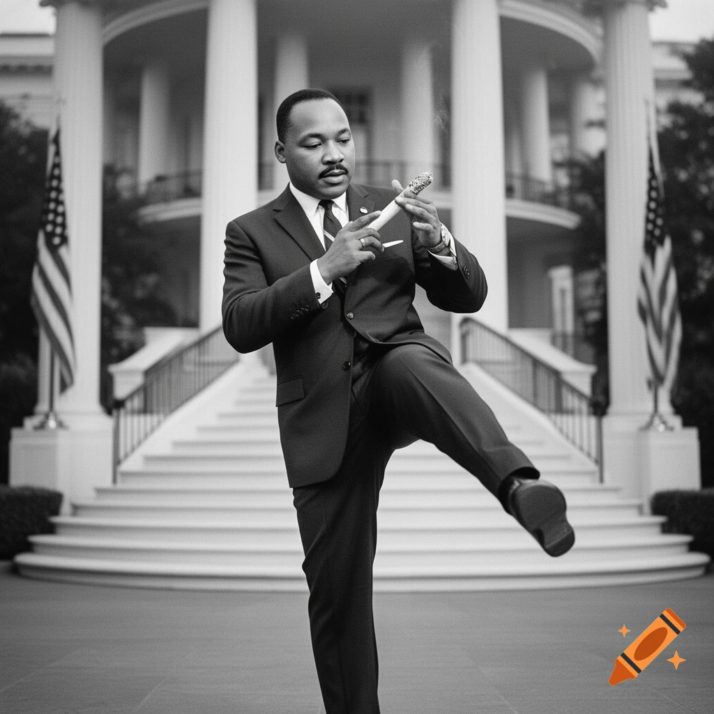 Martin Luther King Jr. in a suit, holding a smoking object, with one leg raised in front of the White House in a black and white photo.