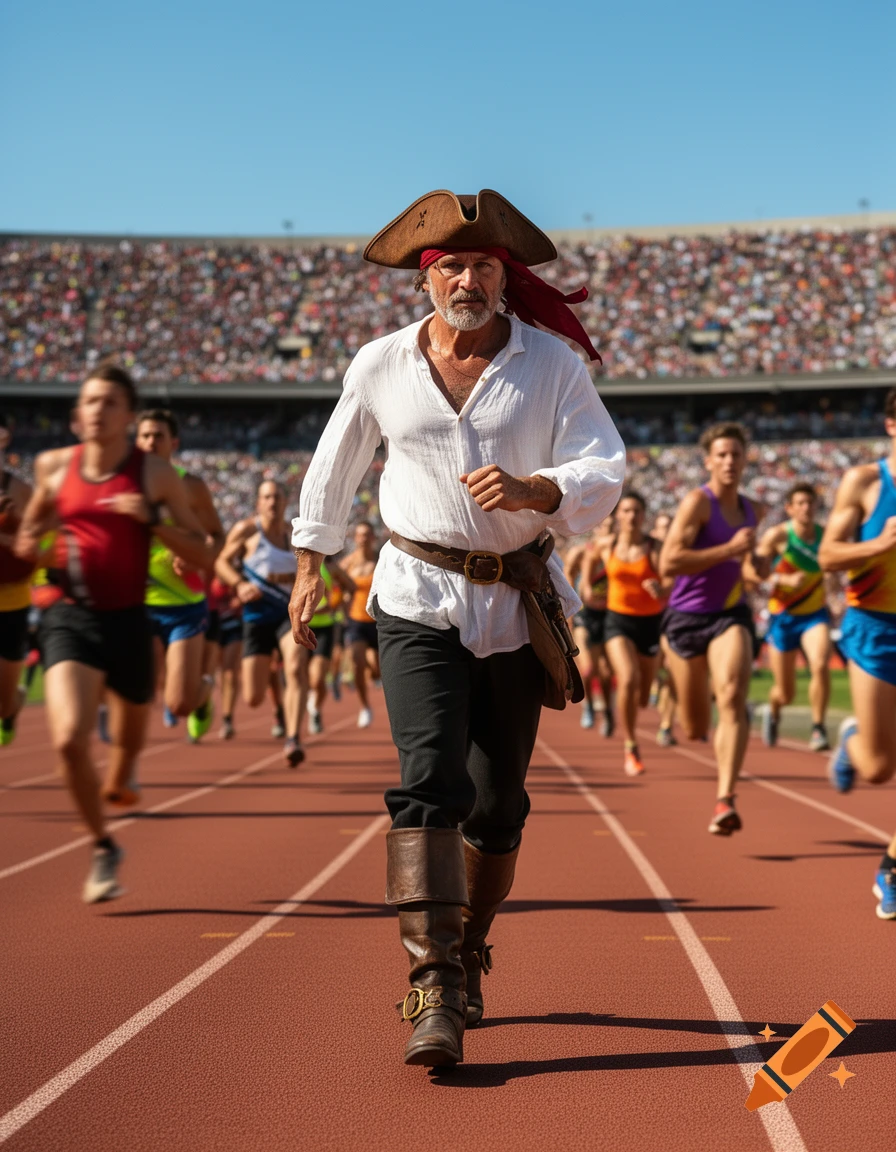 A man in a pirate costume runs on a track during an athletic event, with blurred runners and stadium spectators in the background.