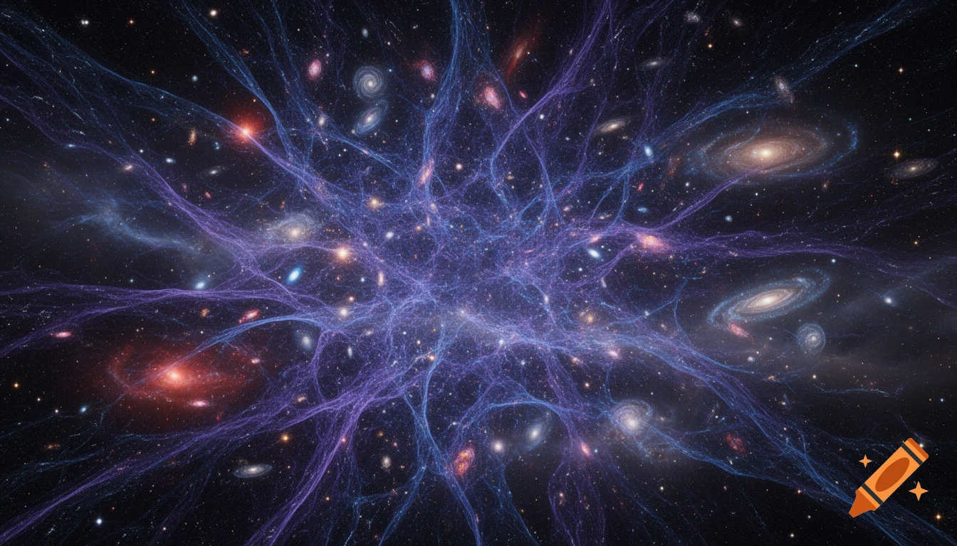 A vibrant cosmic web of glowing blue and purple filaments connects galaxies and stars in deep space.