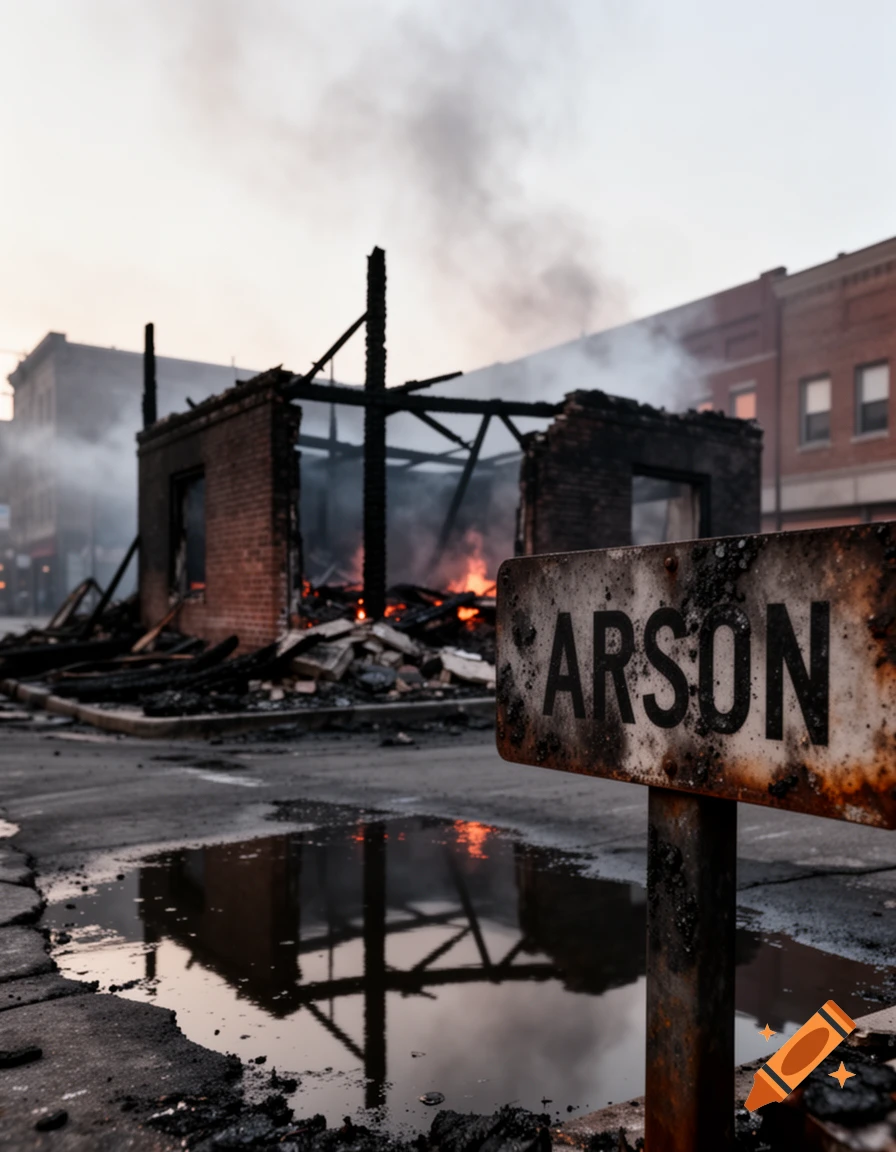 A photorealistic image of a burnt-out building with flames and smoke, an 'ARSON' sign in the foreground reflects in a puddle.