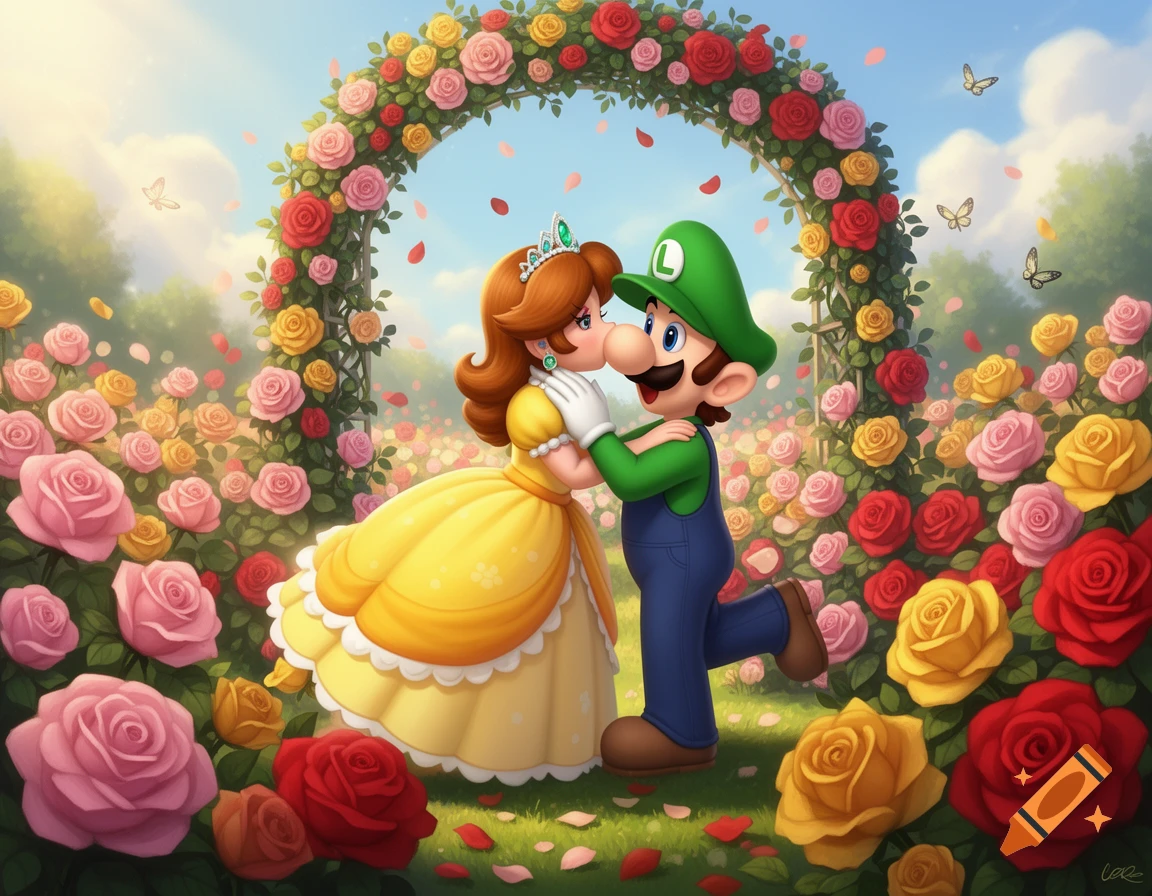 Luigi and Princess Daisy from Super Mario kissing under a rose arch in a vibrant garden, digital art style.