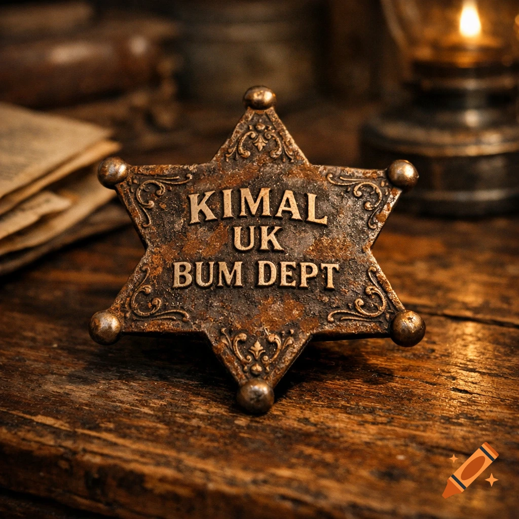 A photorealistic close-up of a rusty, ornate sheriff's badge with "KIMAL UK BUM DEPT" inscribed, resting on a wooden table.