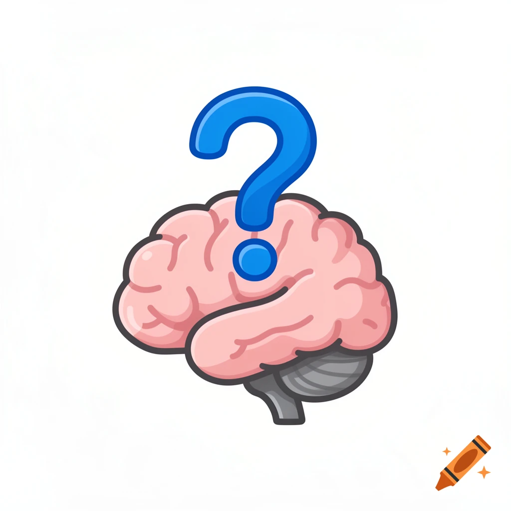 A cartoon-style pink brain with a large blue question mark floating above it, on a white background.