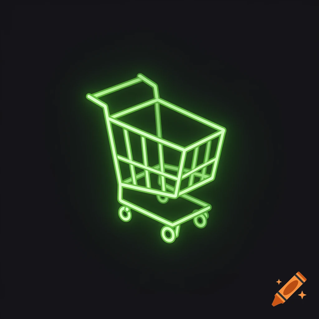 A neon green glowing shopping cart icon against a dark background.