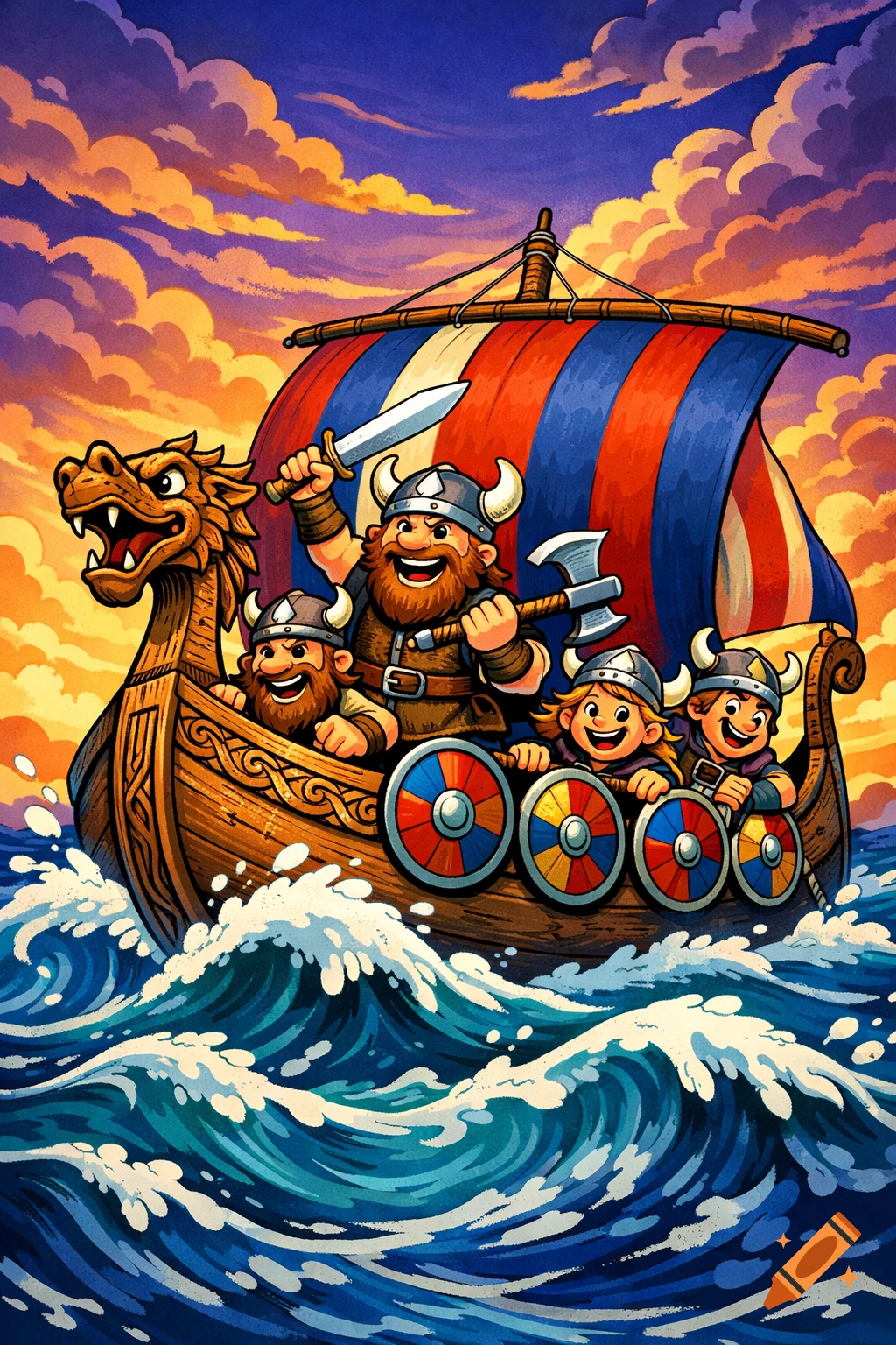 Cartoon of happy Vikings sailing a dragon-prowed ship on rough seas under a vibrant sunset sky.