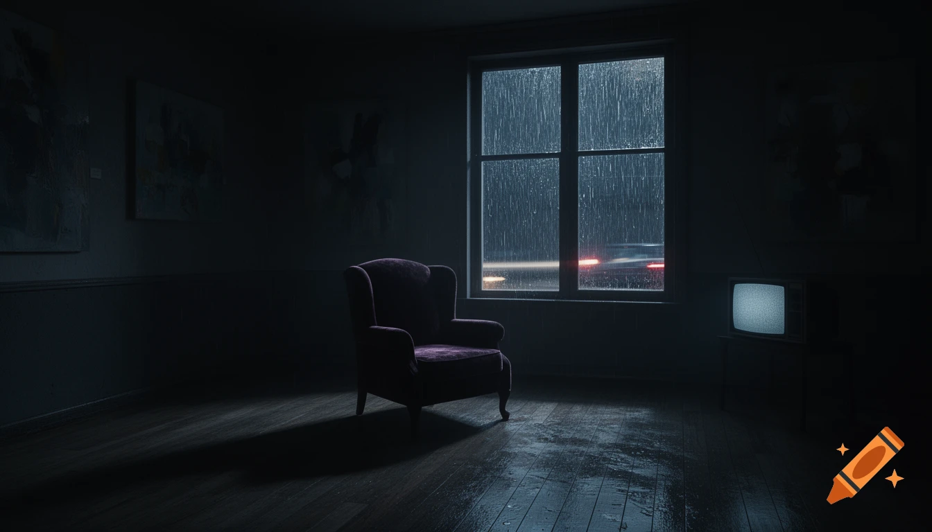 Dark, moody room with a purple armchair, an old TV displaying static, and rain streaks on a large window reflecting distant streetlights.