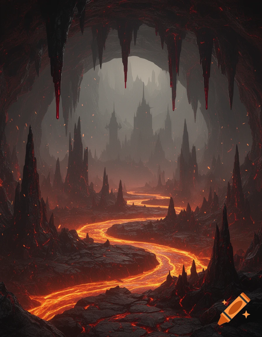 A dark, ominous cave with a glowing river of lava winding through a volcanic landscape under jagged stalactites dripping red liquid.