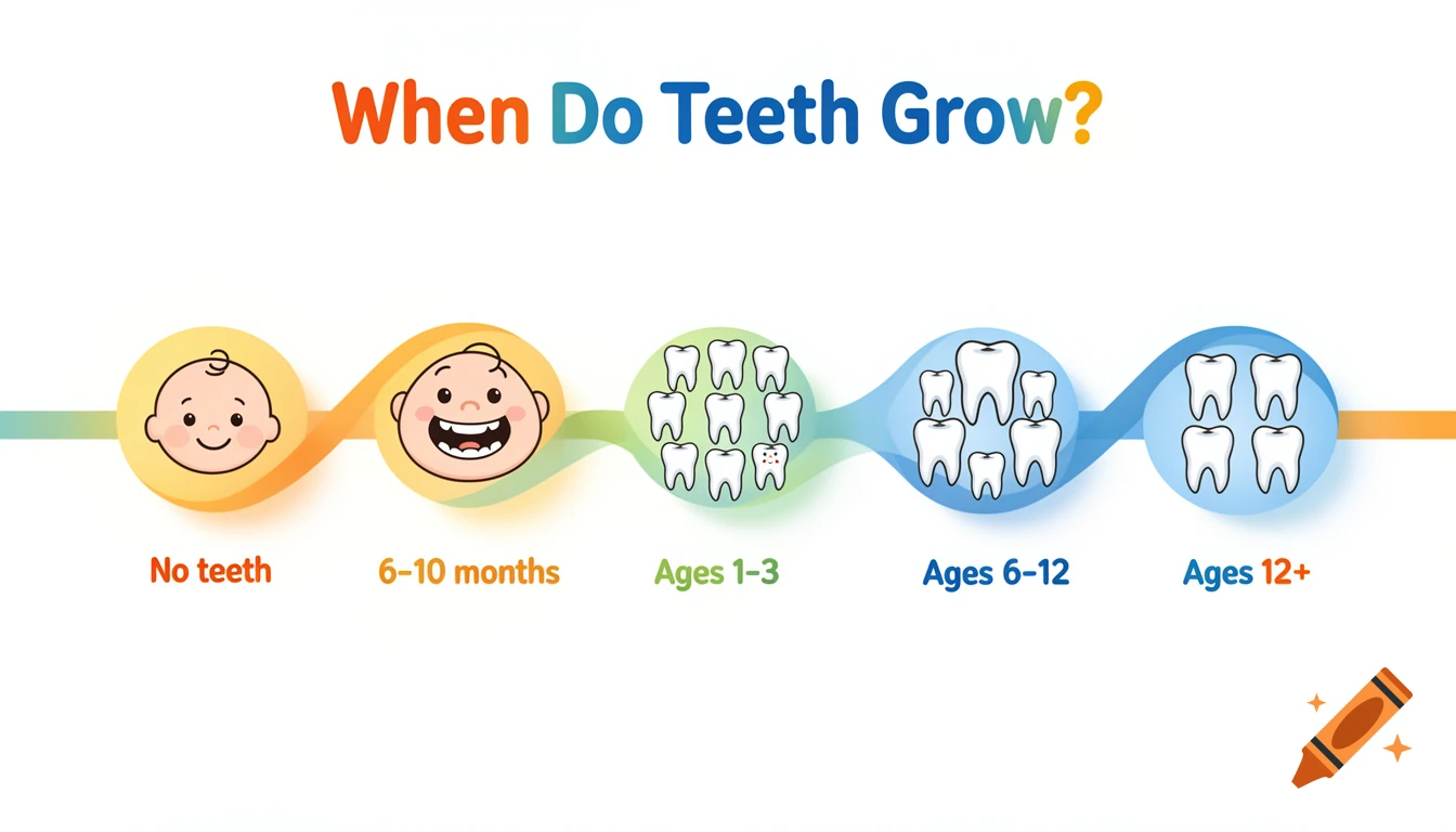 A colorful infographic titled 'When Do Teeth Grow?' showing a timeline of teeth development from no teeth in infants to adult teeth at 12+ years.