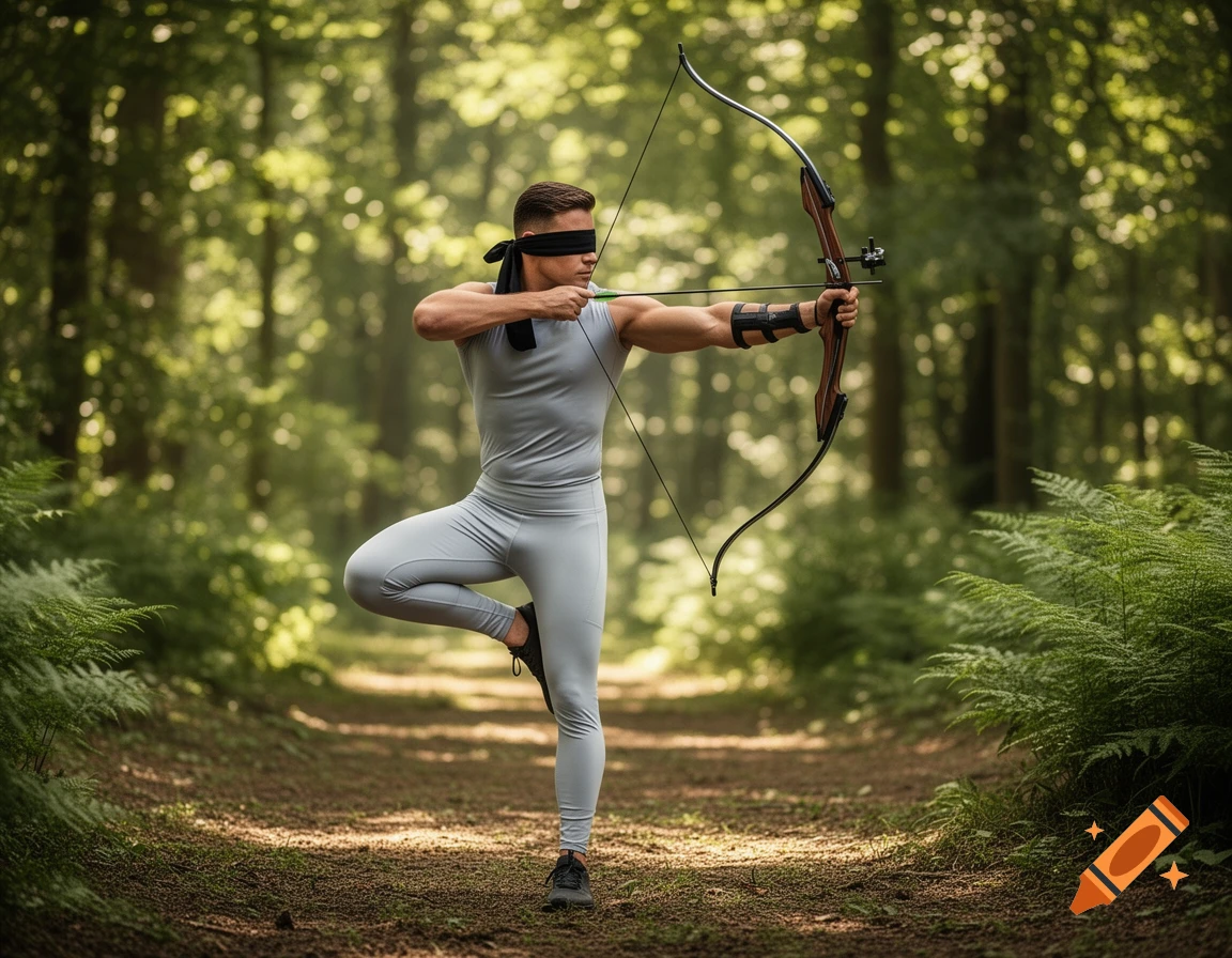 A blindfolded man in a light grey outfit stands on one leg on a forest path, drawing a recurve bow. Photorealistic.