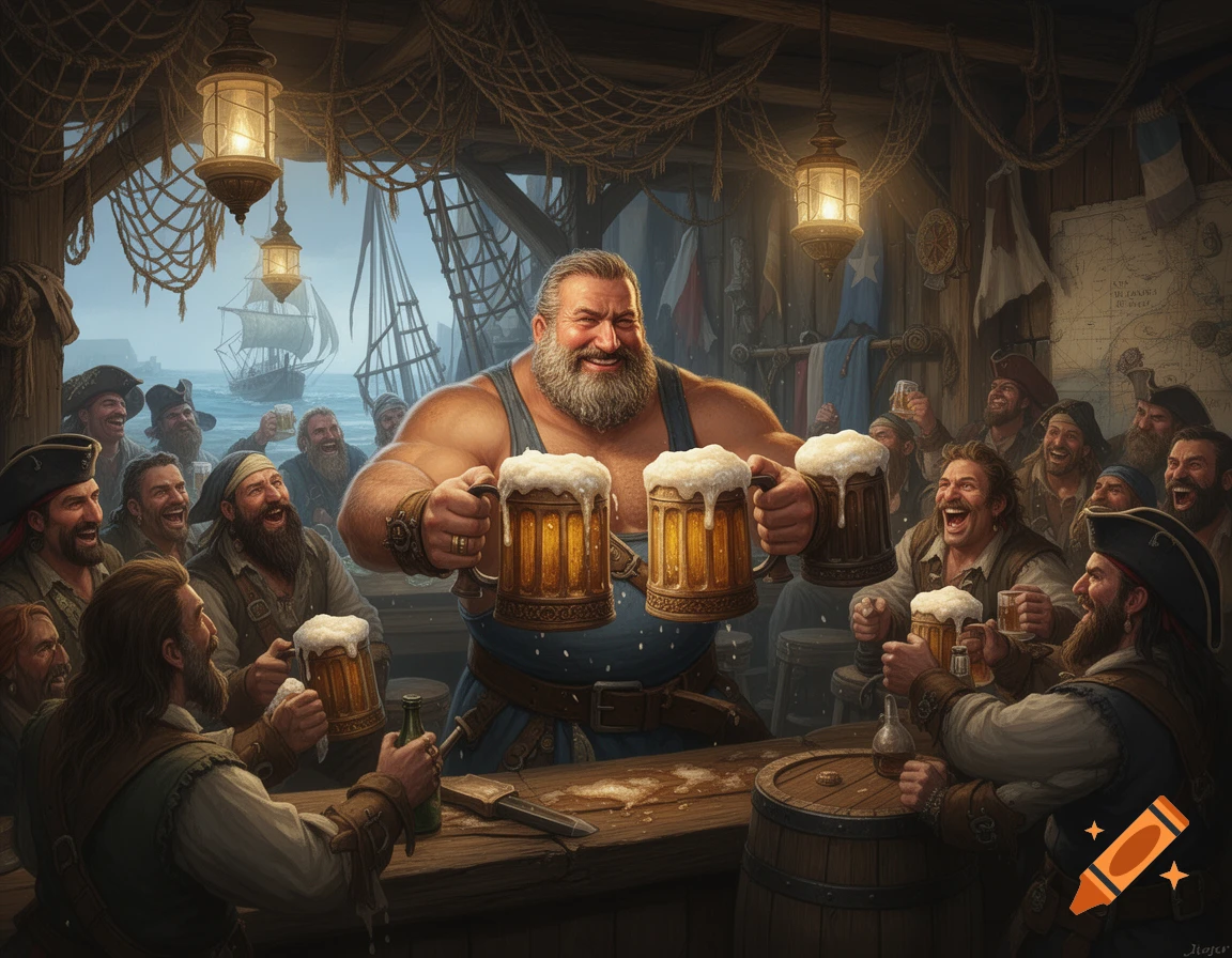 A burly bartender smiles, holding two frothing beer mugs for cheering sailors in a lively fantasy dockside tavern, with a ship outside.