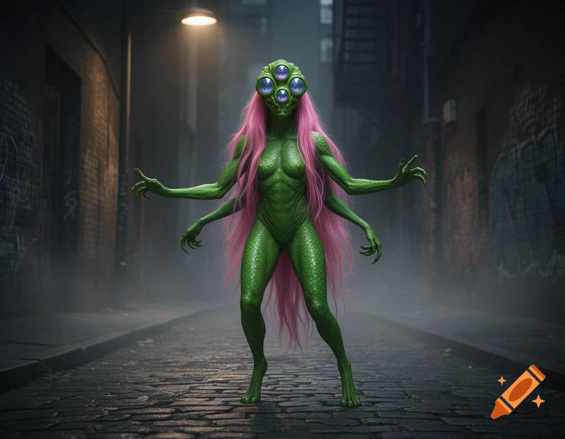 A green-skinned, four-armed alien creature with multiple glowing purple eyes and long pink hair stands in a dark, foggy alleyway under a single street light.