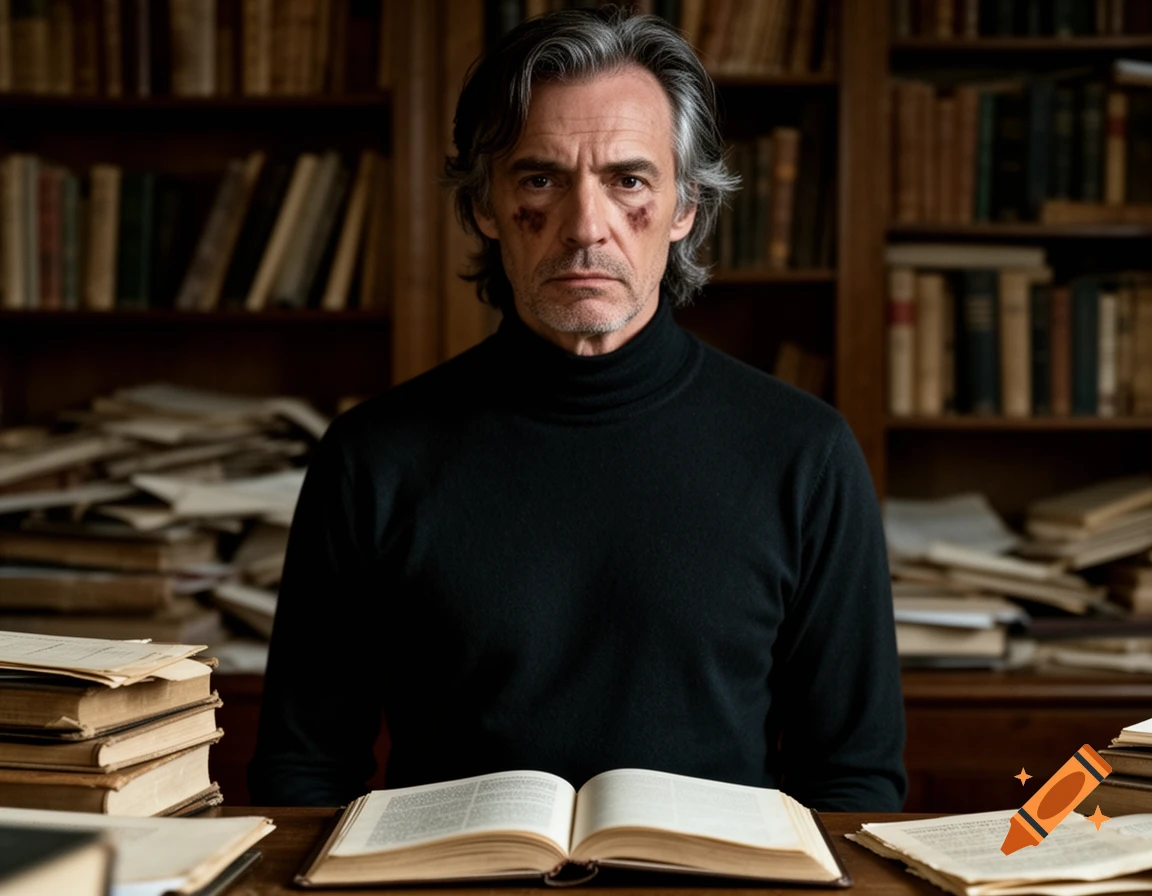 A man in a black turtleneck sits at a desk with an open book in a library, looking serious and burdened. Photorealistic style.