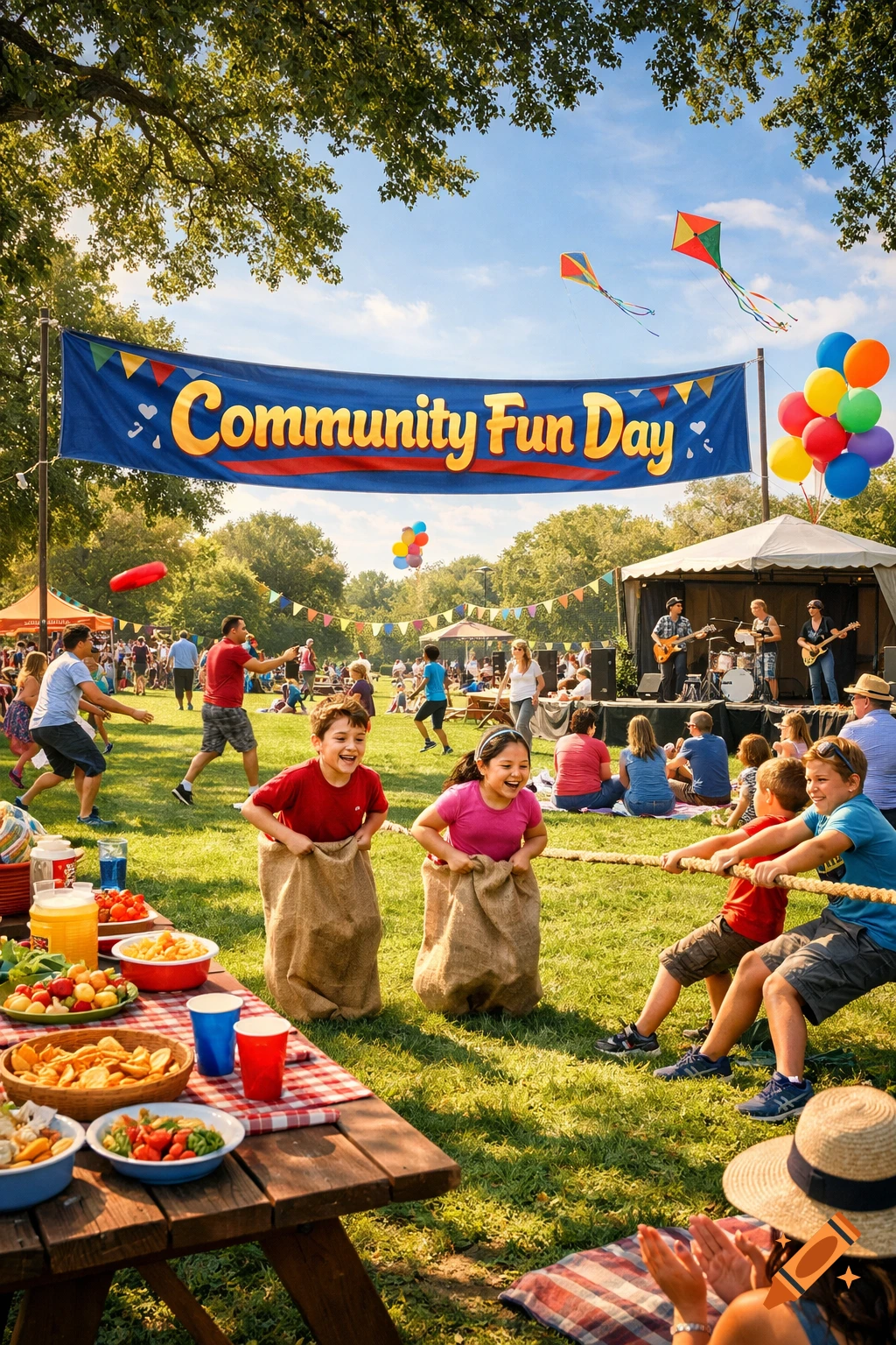 A vibrant community fun day with children in a sack race, adults playing tug-of-war, a band playing, and people enjoying food outdoors.