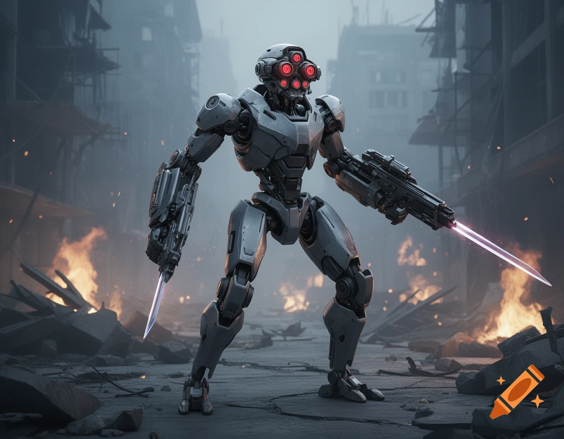 A gray combat robot holding two energy blade weapons stands in a realistic 3D rendering of a ruined, burning city.