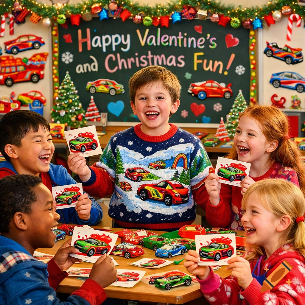 Joyful children in a festive classroom, holding cards with toy cars and laughing, with a blackboard reading 'Happy Valentine's and Christmas Fun!'
