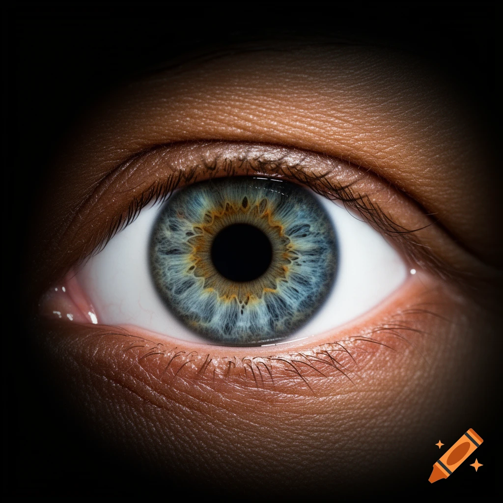 A detailed, macro shot of a human eye with a blue, green, and brown iris against a dark background.