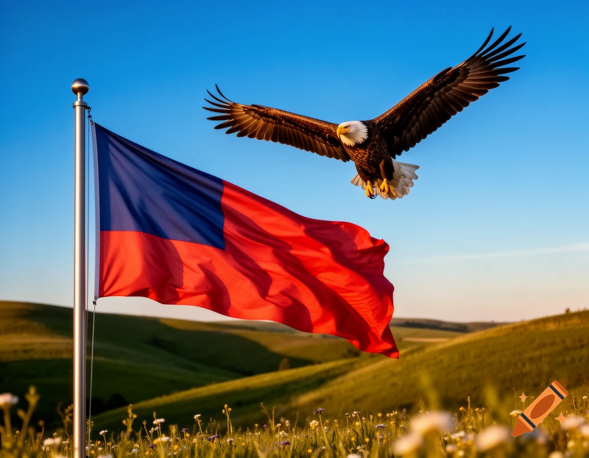 A bald eagle flies over a red and blue flag on a pole in a grassy, rolling landscape under a clear sky.
