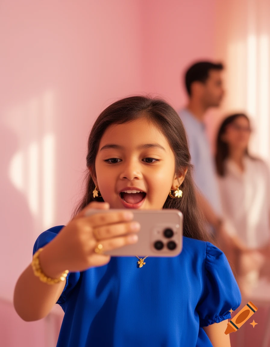 A happy young girl in a blue shirt and gold jewelry takes a selfie with a smartphone against a pink background, with blurred adults behind her.
