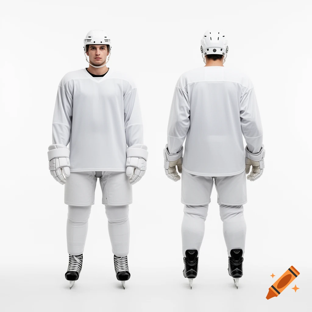A front and back view of an ice hockey player in a white uniform, white helmet, white gloves, and black skates against a white background.