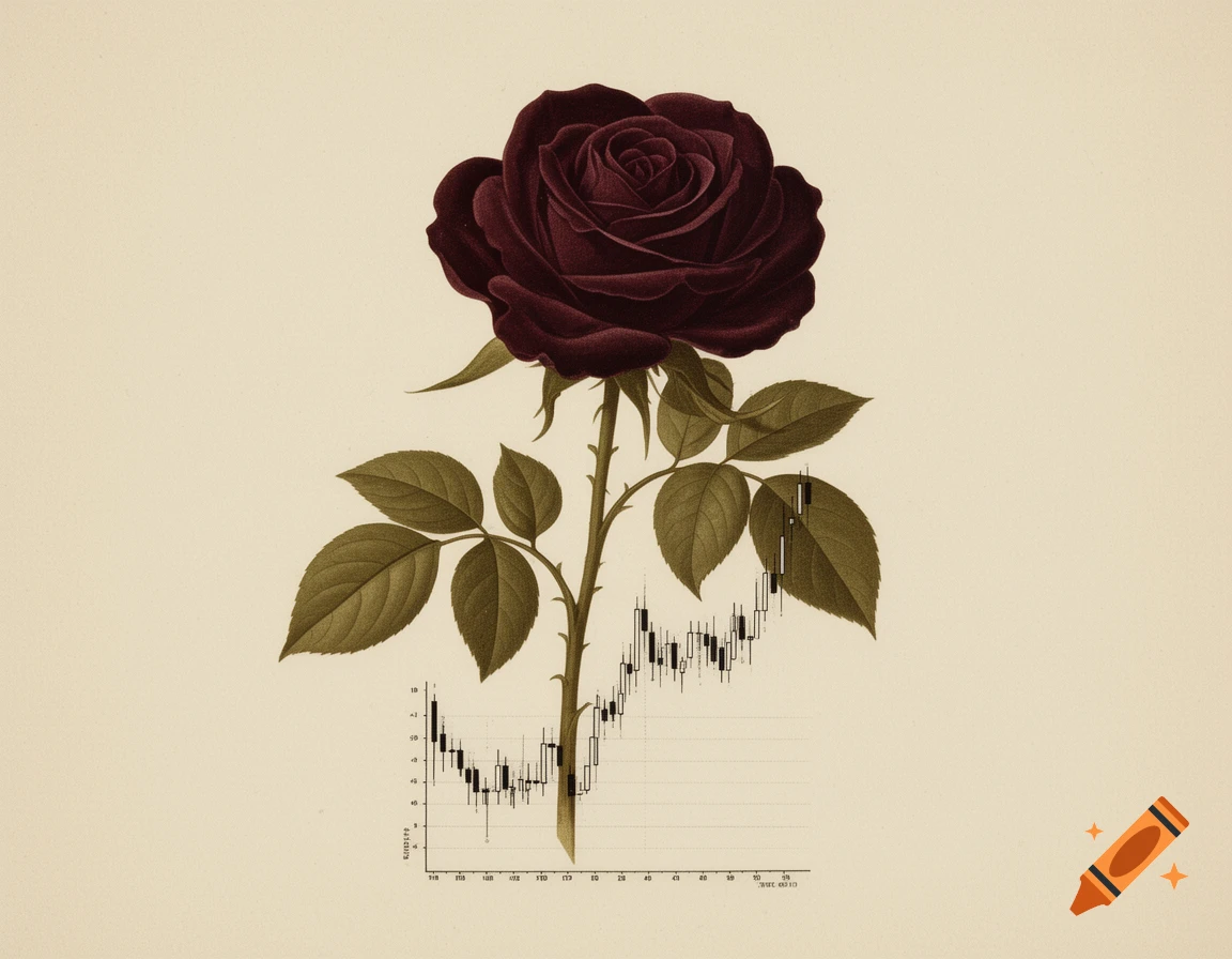 Vintage folk art illustration of a deep burgundy American Beauty rose with its stem depicted as a black and white stock candlestick chart, against a light background.