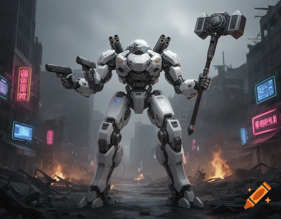 A white sci-fi mech stands in a ruined city, holding two pistols and a large two-handed hammer amidst flames.