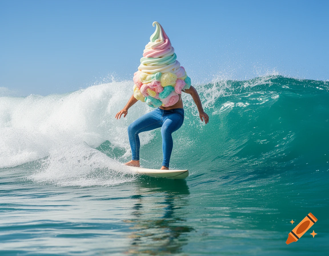 A person with a large, colorful soft-serve ice cream cone for hair, wearing skinny jeans, surfs a bright blue ocean wave.