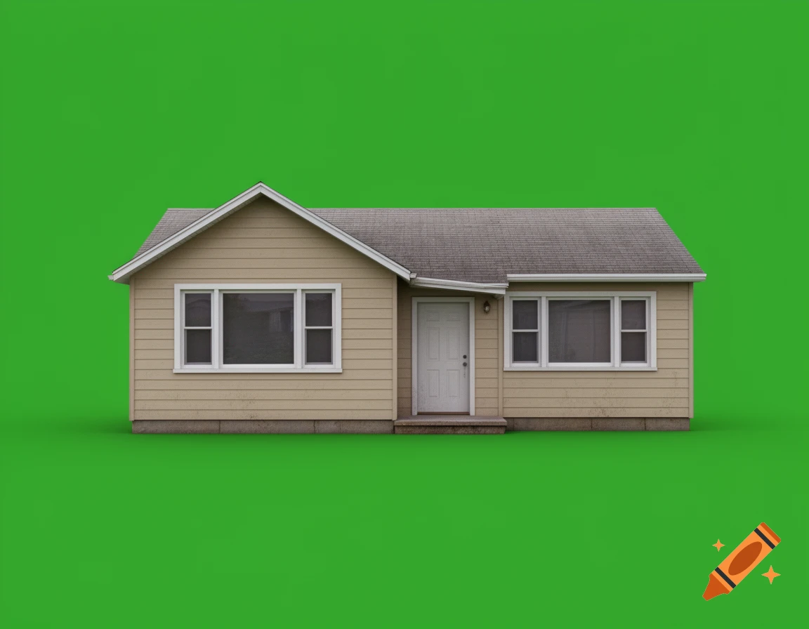 A modest residential home exterior with beige siding and a white door, set against a solid green screen background.
