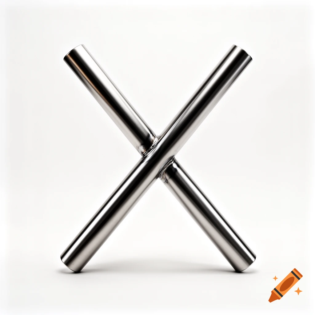 A close-up of two shiny, hollow metallic tubes intersecting to form an X shape on a white background.