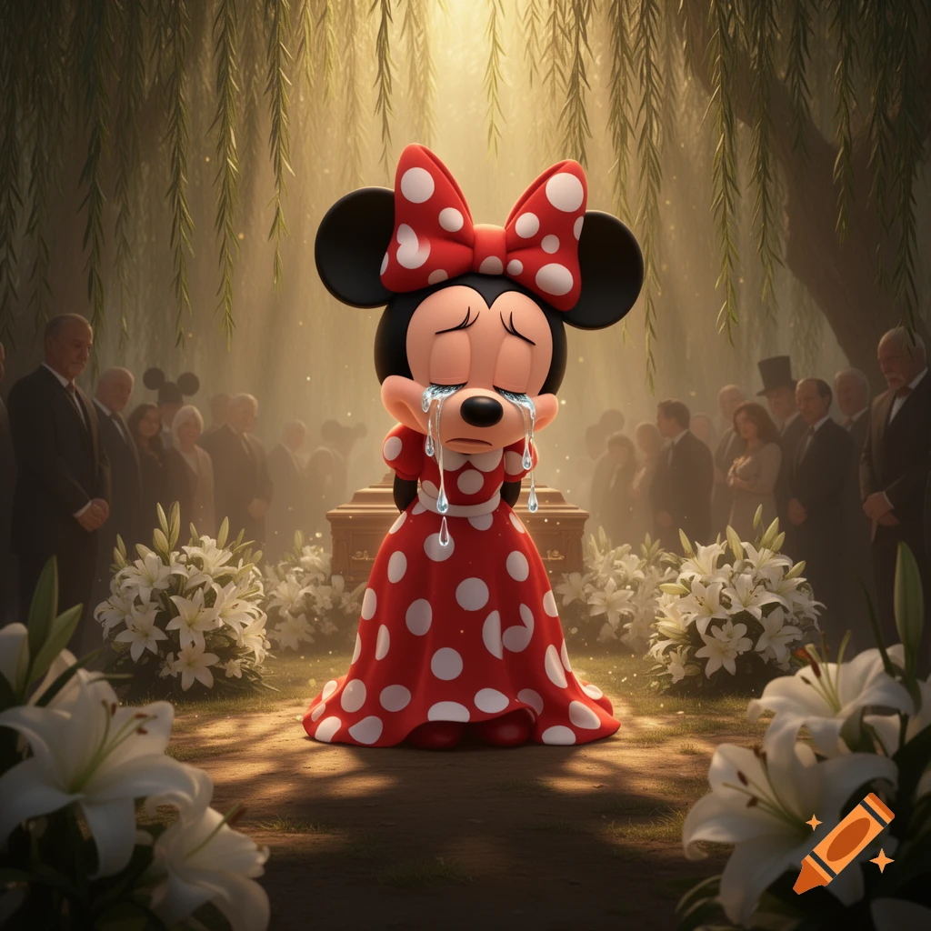 Minnie Mouse crying tears at an outdoor funeral, with a casket and blurred mourners in the background under weeping willow trees, surrounded by white lilies.