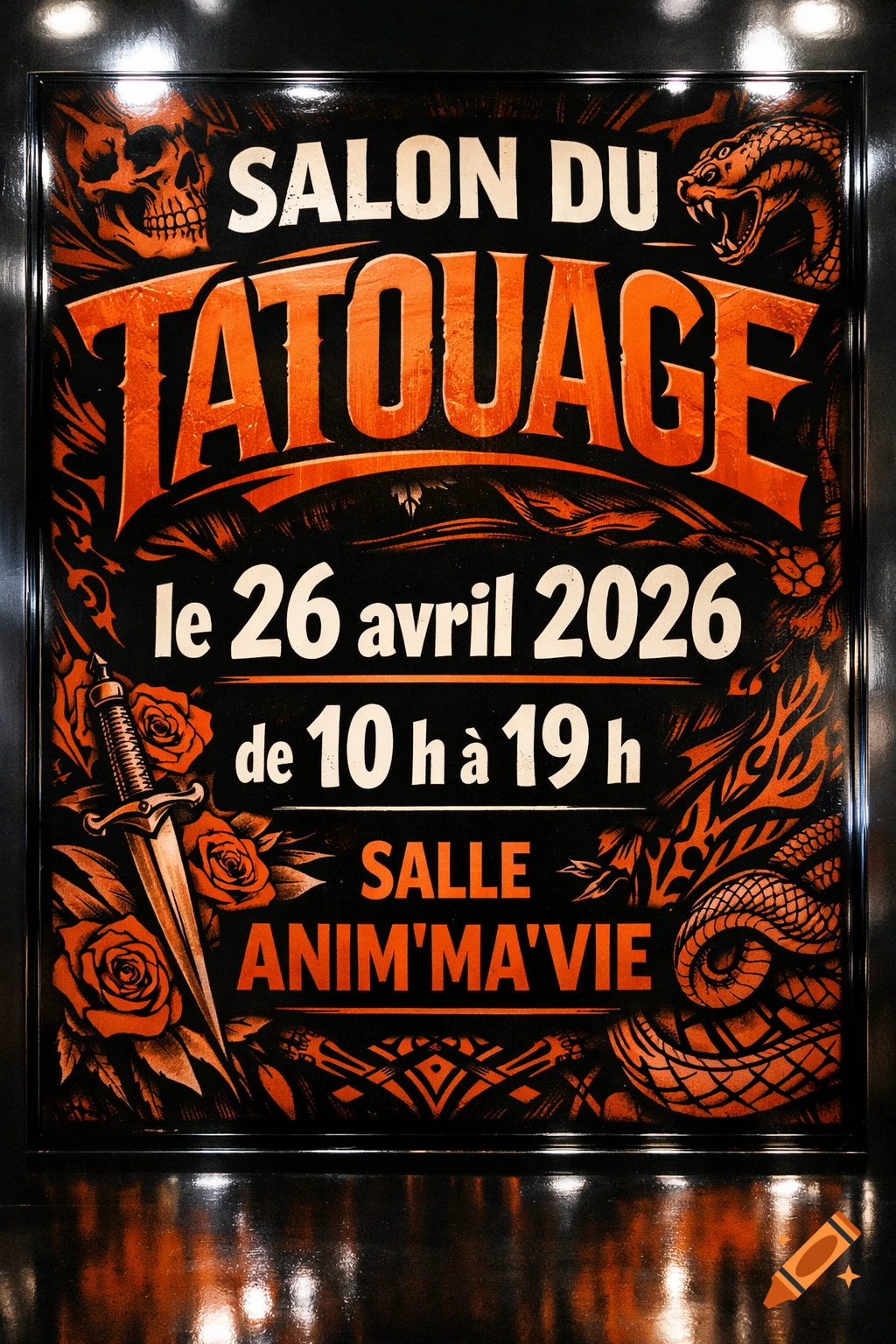 A vibrant orange and black poster for a tattoo show, featuring a skull, snake, dagger, and roses, with event details.