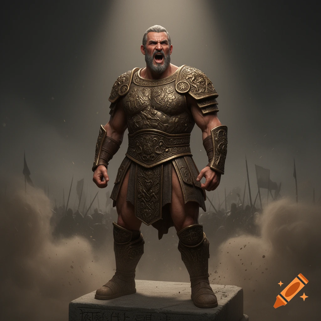 Photorealistic muscular warrior in ornate gold armor stands on a stone pedestal, yelling, with a dusty battle scene behind him.