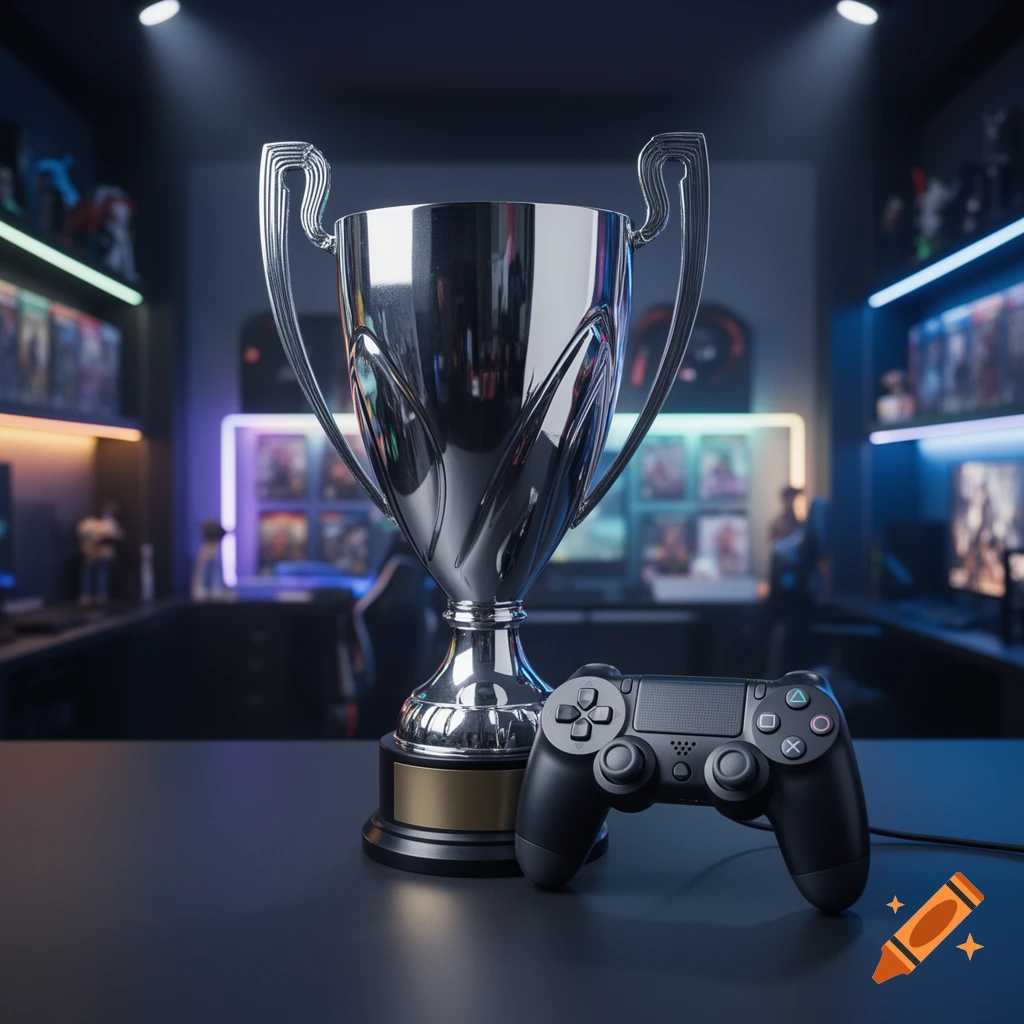 A shining silver championship trophy stands next to a black PlayStation controller on a dark surface in a dimly lit gaming room with neon lights.