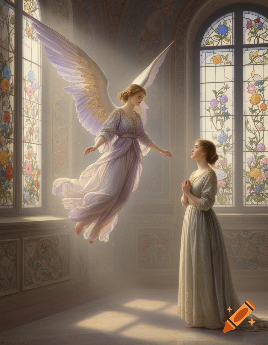 A heavenly angel with large wings descends towards a praying woman in a sunlit room with ornate stained-glass windows.