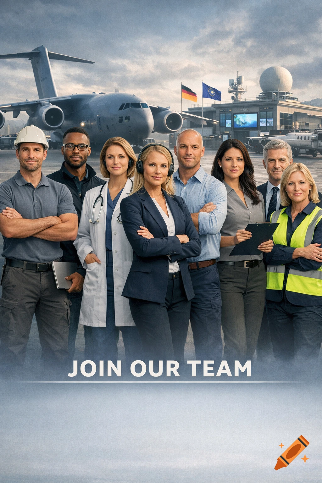Photorealistic image of diverse professionals (engineers, medical, logistics) standing in front of a transport aircraft and airport building, with text 'JOIN OUR TEAM'.