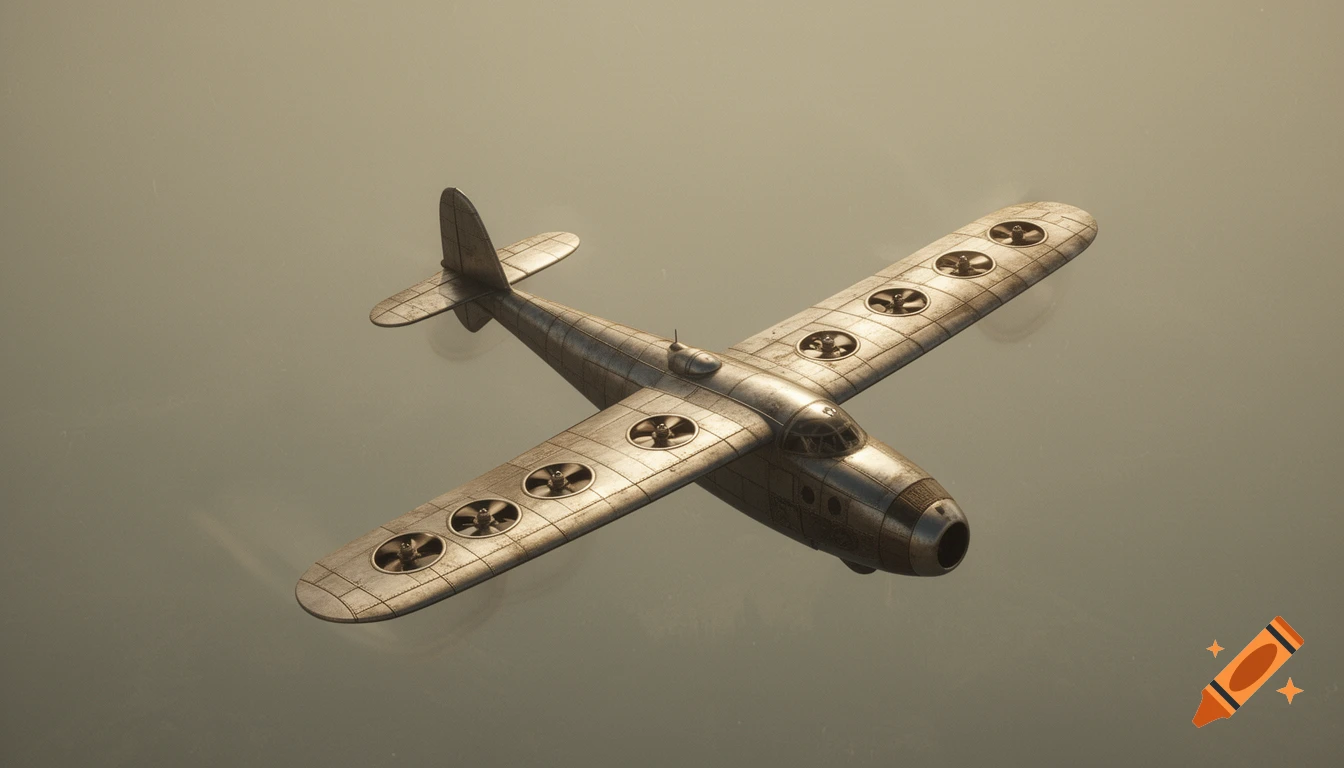 An overhead view of a vintage-style experimental aircraft with multiple rotor fans embedded in its broad, riveted metal wings, flying against a muted sky.