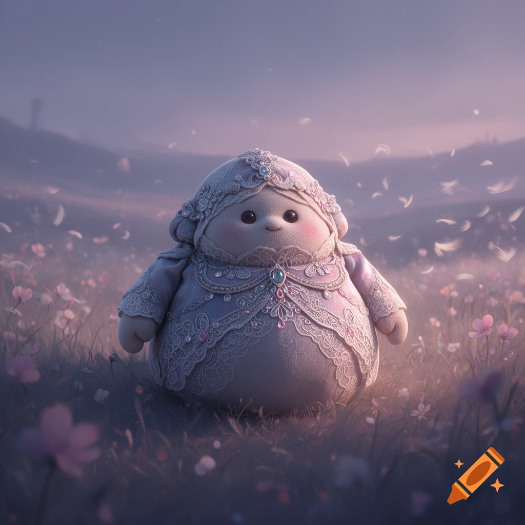 A plump, plush-like character in an ornate lace dress sits in a dreamy flower field with floating white feathers and soft lighting.