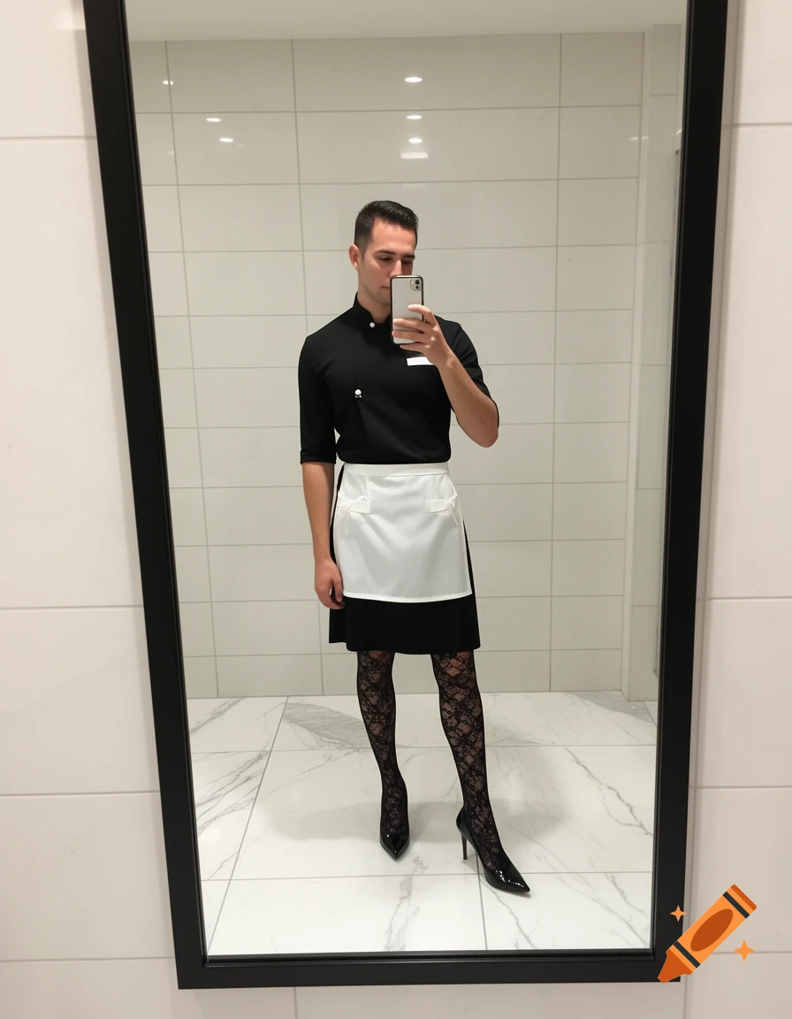 A man in a black chef-style top, white apron, black skirt, lace pantyhose, and high heels takes a selfie in a bathroom mirror.