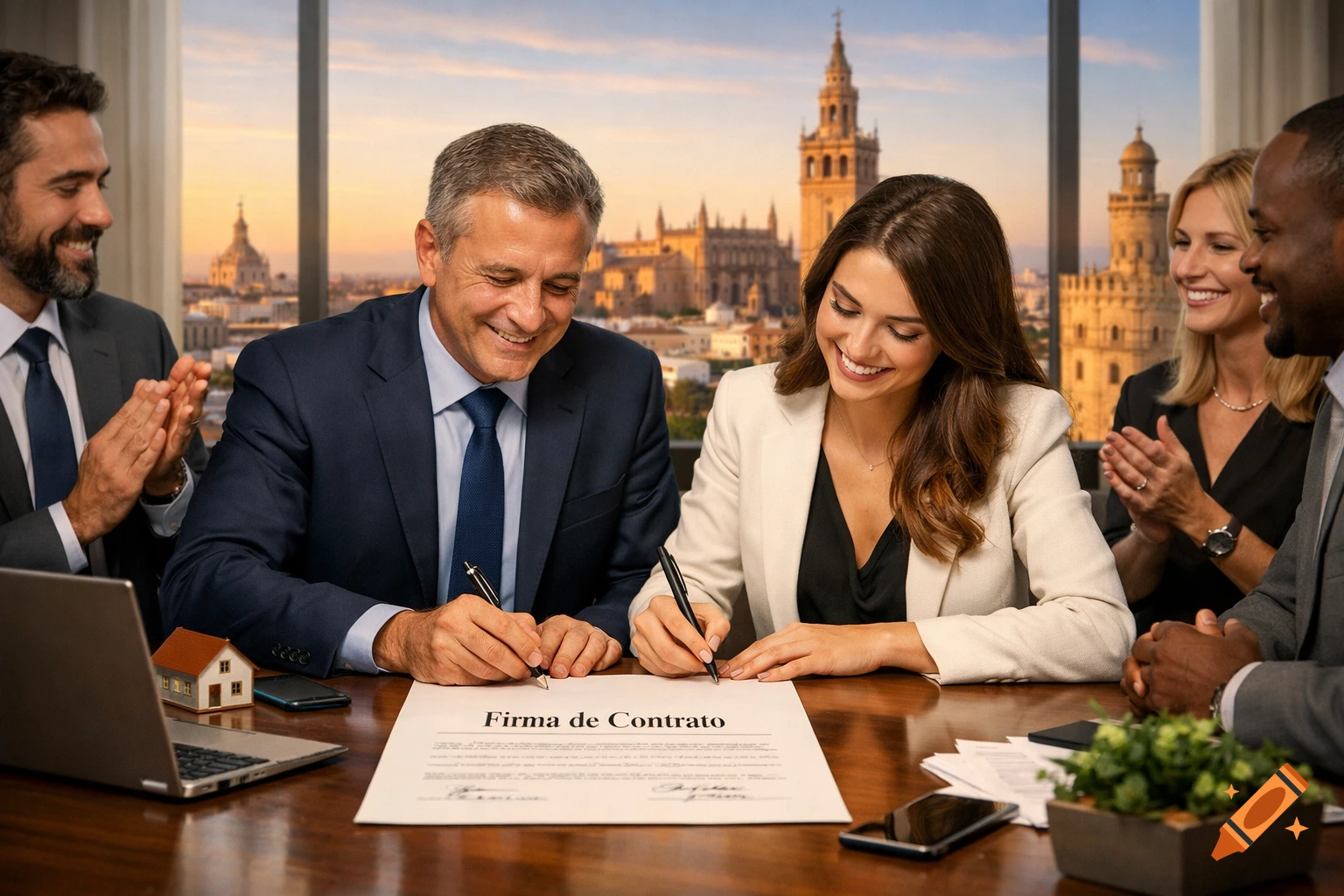 Business people signing a contract in a modern office with a view of Seville, Spain, at sunset. Others are clapping.
