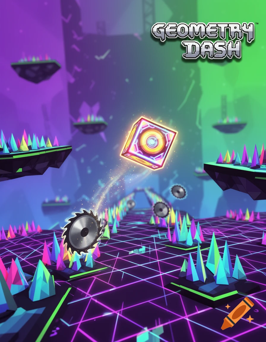 Beautiful Geometry Dash A vibrant, neon-lit geometric landscape from Geometry Dash, featuring a ...
