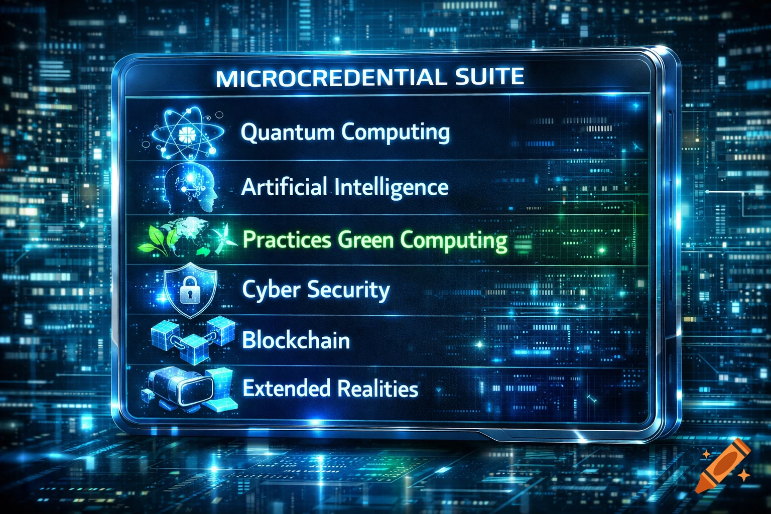 A futuristic digital display shows 'MICROCREDENTIAL SUITE' with categories like Quantum Computing, AI, and Blockchain, over a city background.