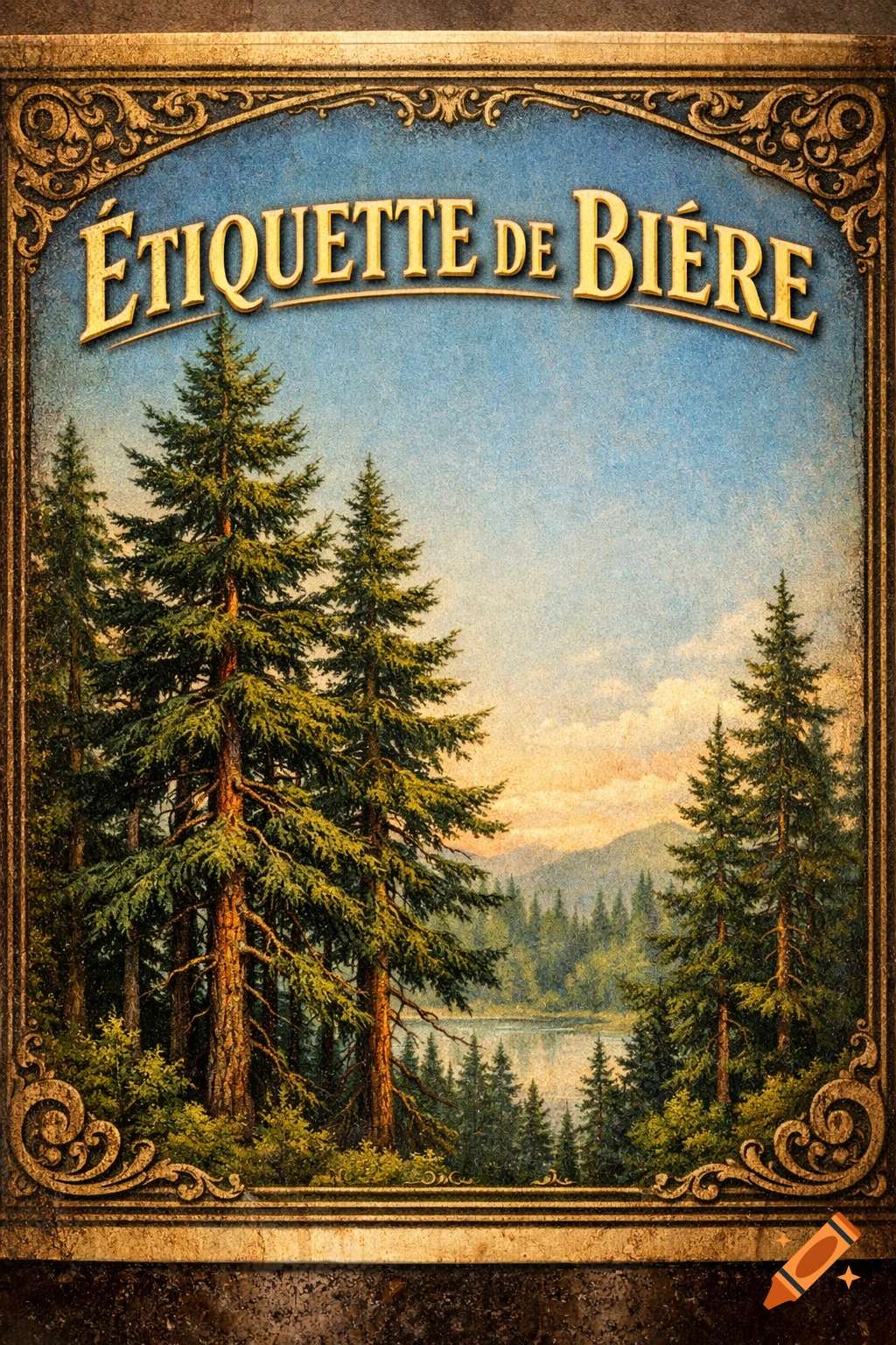Vintage beer label with ornate gold border, featuring a forest and lake landscape, with 'ÉTIQUETTE DE BIÈRE' text.
