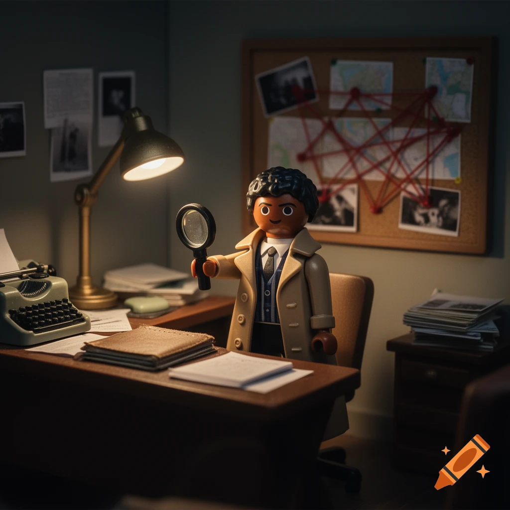 A Playmobil detective in a trench coat holds a magnifying glass in a dimly lit office with a typewriter and a map-covered corkboard.