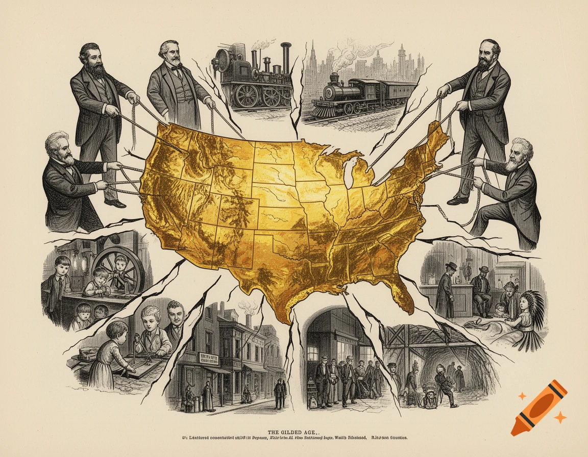 A political cartoon in 19th-century style depicts a golden map of the US being pulled apart by four men. Cracks reveal scenes of child labor, mining, and poverty.