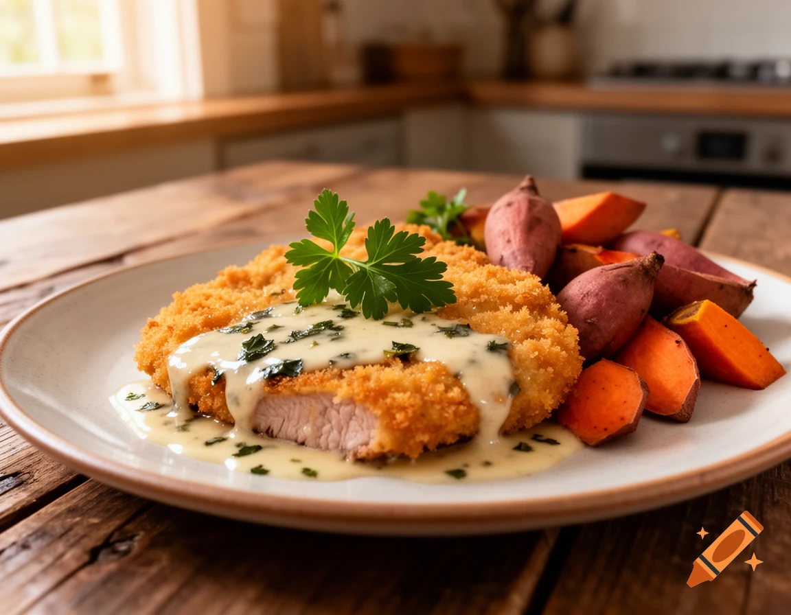 A plate with a breaded schnitzel covered in herb sauce, served with roasted sweet potatoes, on a wooden table in a sunlit kitchen.