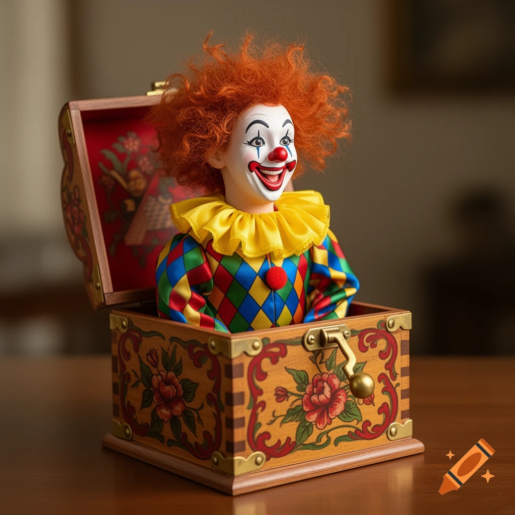 Photorealistic jack-in-the-box toy with a smiling clown figure emerging from a decorated wooden box.