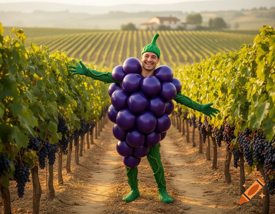 A smiling man dressed in a large purple grape costume with green leafy arms and hat stands with outstretched arms in a sunny vineyard.