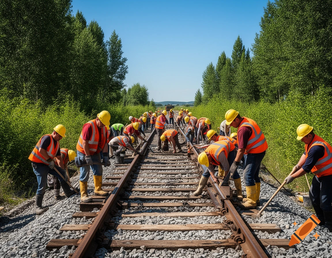 A group of construction workers in safety vests and hard hats maintaining a railway track on a sunny day.